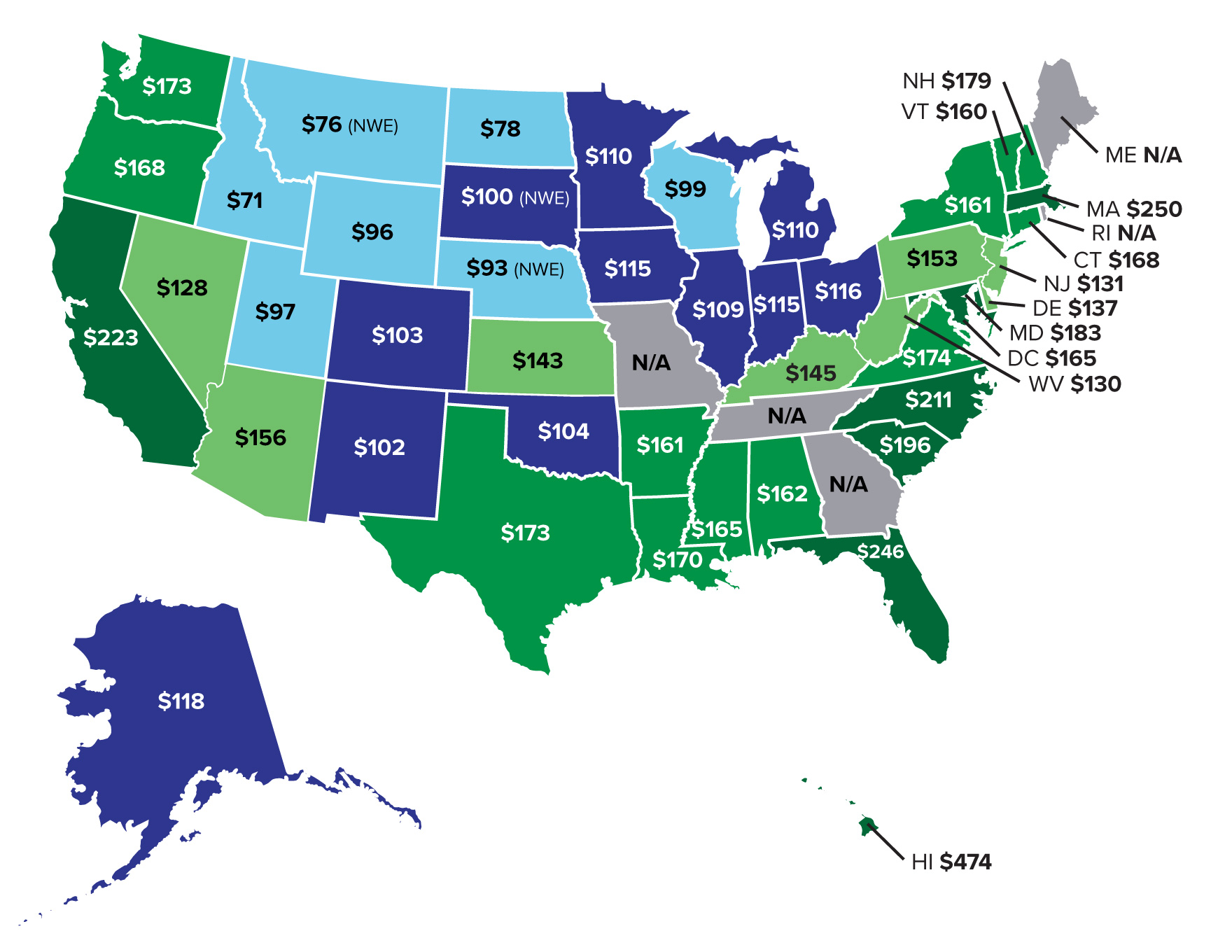 Map showing a comparison of gas rates across the US